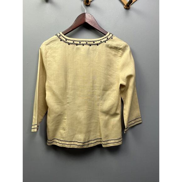 EDWARD Irish Linen Tan Embroidered Top Blouse Tunic 3/4 Sleeves Small‎ Petite - Picture 5 of 7